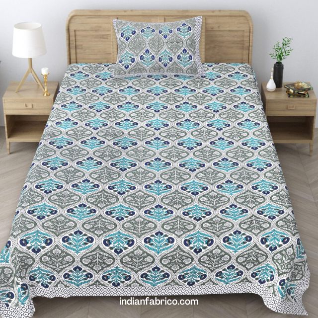 Beautiful Sea Green Floral Mughal Jali Print Single Bedsheets Beautiful Sea Green Floral Mughal Jali Print Single Bedsheets