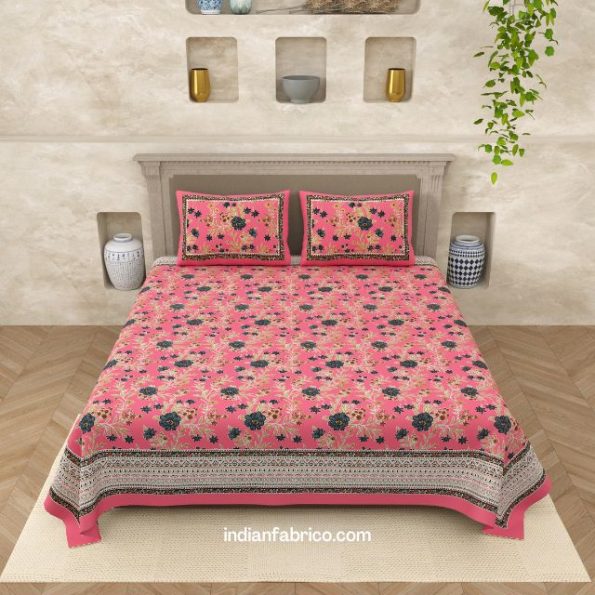 Ethnic Pink Base Floral Print King Size Bedsheet (108x108)