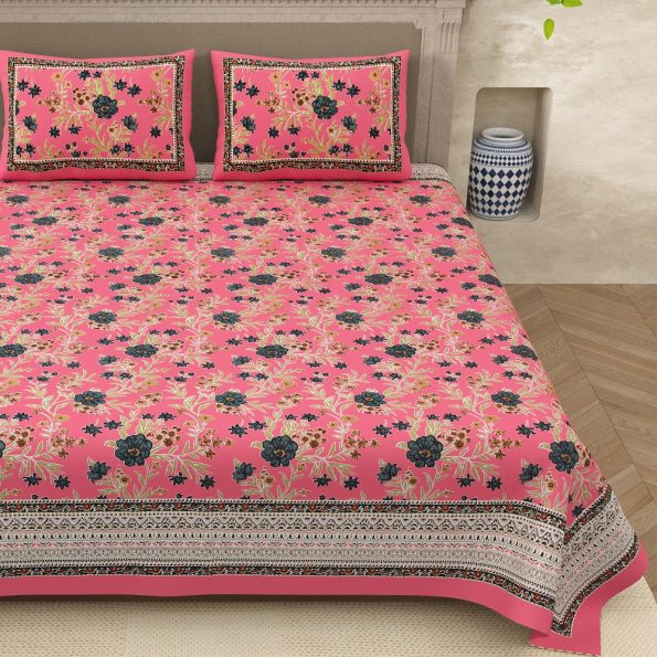 Ethnic Pink Base Floral Print King Size Bedsheet
