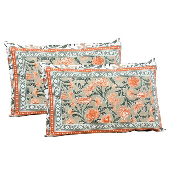 Orange Floral leaves Cream Double Bedsheet Pillow Covers