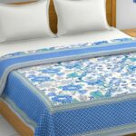 Pure Cotton Blue Flowers Double Bedsheet + Dohar Set with Two Pillow Covers