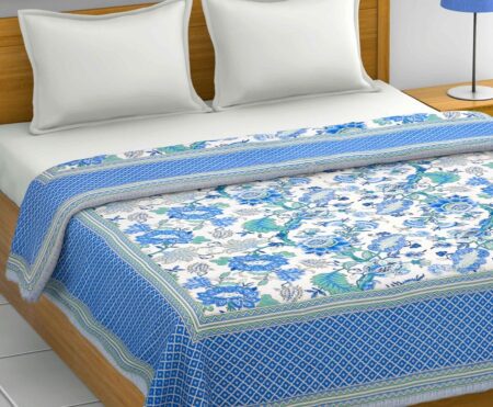 Pure Cotton Blue Flowers Double Bedsheet + Dohar Set with Two Pillow Cover