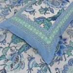 Pure Cotton Blue Flowers Double Bedsheet + Dohar Set with Two Pillow Covers