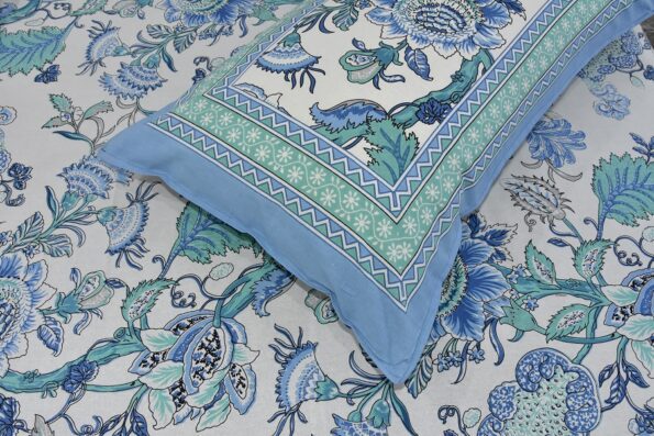 Pure Cotton Blue Flowers Double Bedsheet + Dohar Set with Two Pillow Covers set