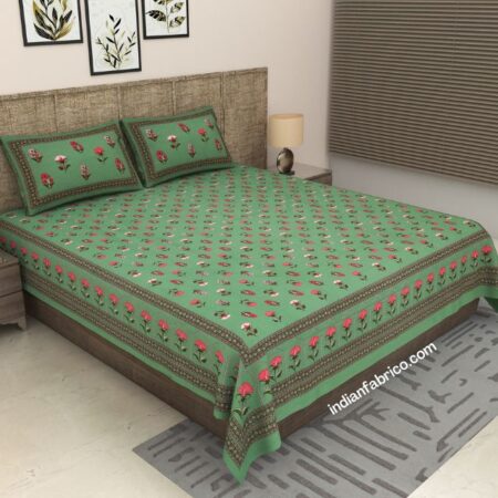Beautiful Jaipuri Green Floral Printed King Size Bedsheet (108×108)