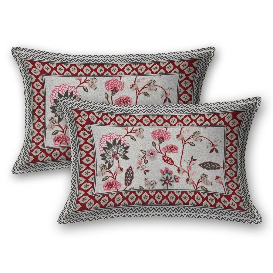 Beautiful Jaipuri Pink Gold Floral Printed King Size Bedsheet Pillow Cover