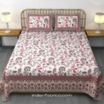 Beautiful Jaipuri Pink Gold Floral Printed King Size Bedsheet with Two Pillow Cover