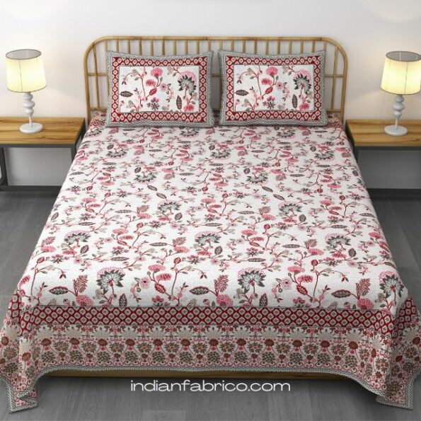 Beautiful Jaipuri Pink Gold Floral Printed King Size Bedsheet with Two Pillow Cover