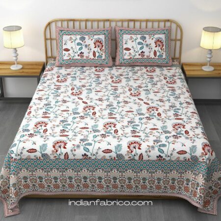 Beautiful Jaipuri Teal Gold Floral Printed King Size Bedsheet with Two Pillow Cover