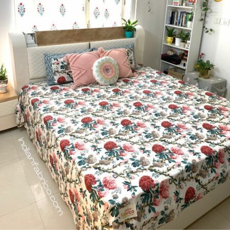 Beautiful White Base Floral Pattern King Size Bedsheet with Two Pillow Cover
