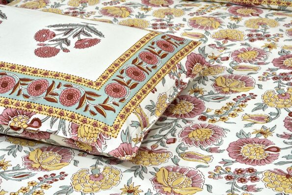 Ethnic Jaipuri Pure Cotton Pink Floral Double Bedsheet Closeup