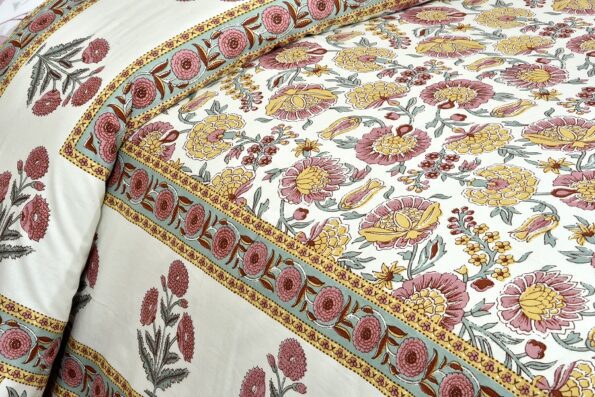 Ethnic Jaipuri Pure Cotton Pink Floral Double Bedsheet Sideview