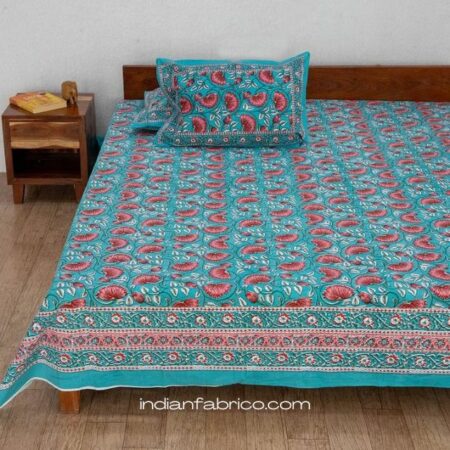 Ethnic Jaipuri Sea Green Floral Jaal Print King Size Bedsheet (108×108)