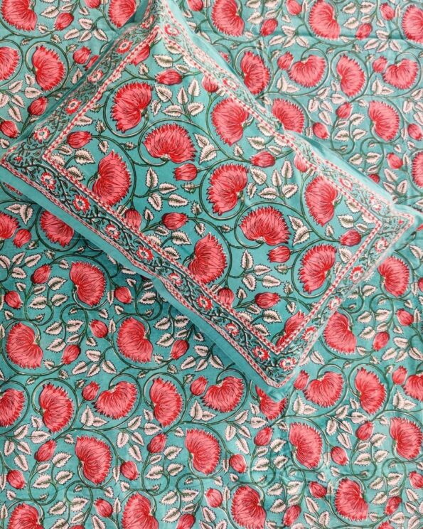 Ethnic Jaipuri Sea Green Floral Jaal Print King Size Bedsheet Top view