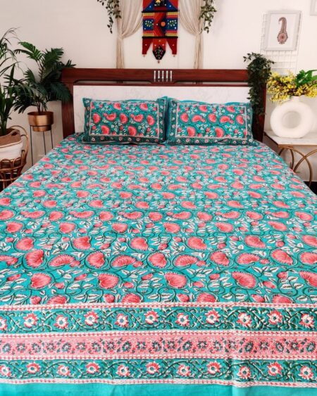 Ethnic Jaipuri Sea Green Floral Jaal Print King Size Bedsheets