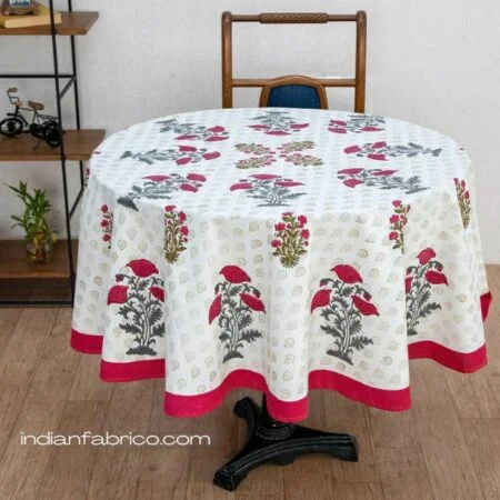 Pink Grey Tulip Boota Handblock Print Round Table Cover