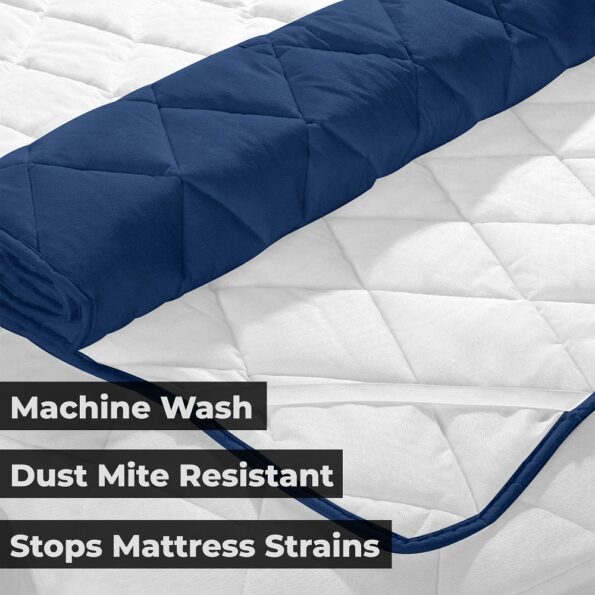 Quilted Mattress Protector - Dark Blue Cotton Waterproof and Elastic Fitted Mattress Protector Backside