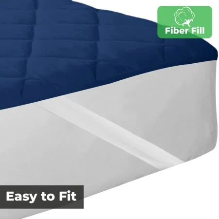 Quilted Mattress Protector - Dark Blue Cotton Waterproof and Elastic Fitted Mattress Protector Edges