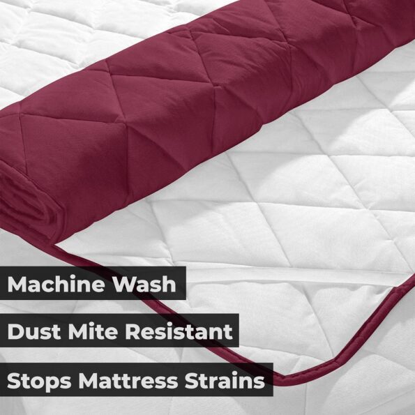 Quilted Mattress Protector - Maroon Cotton Waterproof and Elastic Fitted Mattress Protector Backside