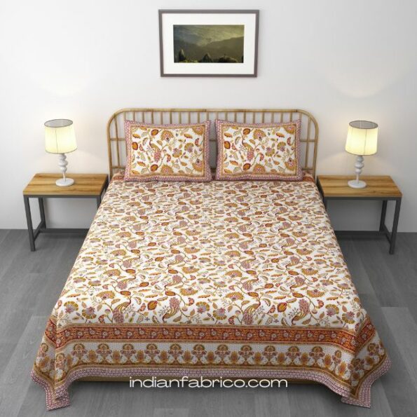 Fitted Sheet – Beautiful Jaipuri Yellow Gold Floral Printed King Size Bedsheet