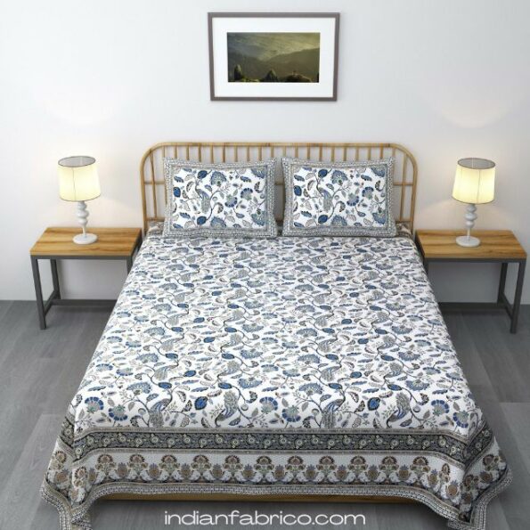 Fitted Sheet - Jaipuri Blue Gold Floral Printed Pure Cotton King Size Bedsheet