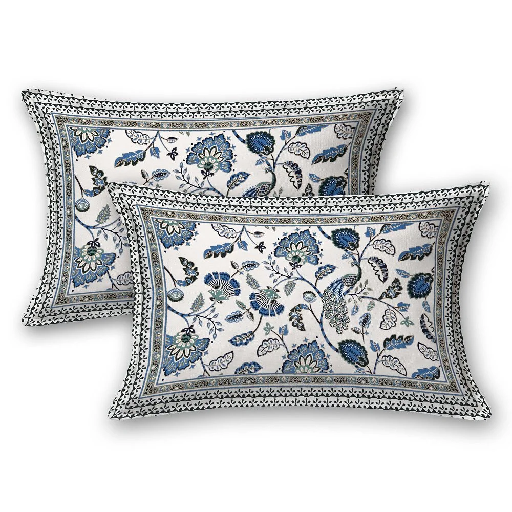 Fitted Sheet - Jaipuri Blue Gold Floral Printed Pure Cotton King Size Bedsheet Pillow Covers
