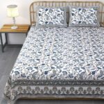 Fitted Sheet – Jaipuri Blue Gold Floral Printed Pure Cotton King Size Bedsheet