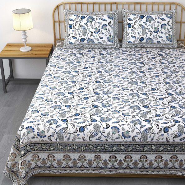Fitted Sheet – Jaipuri Blue Gold Floral Printed Pure Cotton King Size Bedsheets