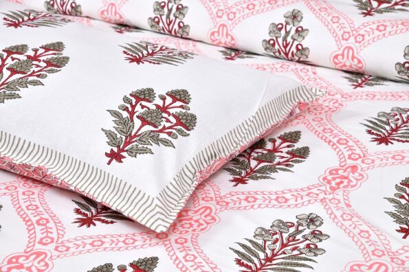 Fitted Sheet – Jaipuri Pink Floral Jaal Printed Pure Cotton King Size Bedsheet Closeup