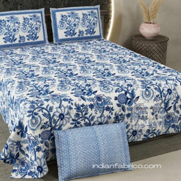 Fitted Sheet – Jaipuri Blue Floral Jaal Printed Pure Cotton King Size Bedsheet