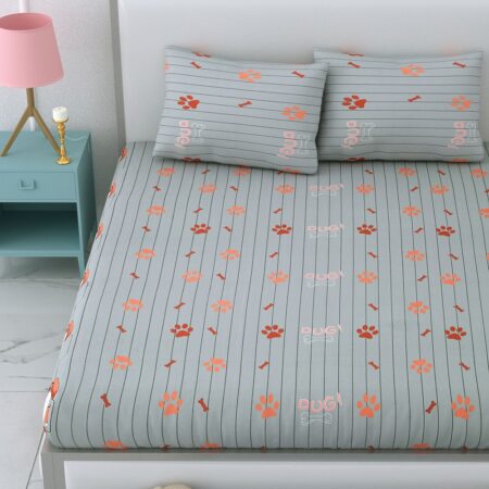 Grey Base Dog Printed Double Bedsheet