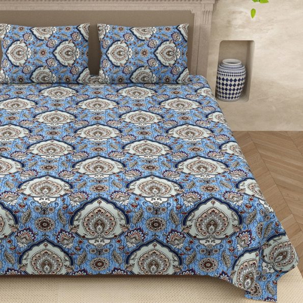 Jaipuri Blue Jaali Print King Size Bedsheet with Two Pillow Cover