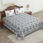 Jaipuri Blue Mughal Jaali Print King Size Bedsheet with Two Pillow Cover
