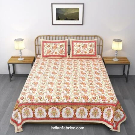 Jaipuri Pink Floral Gold Printed Pure Cotton King Size Bedsheet