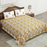Jaipuri Yellow Mughal Jaali Print King Size Bedsheet with Two Pillow Cover