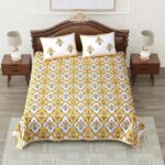 Jaipuri Yellow Mughal Jaali Print King Size Bedsheet with Two Pillow Cover
