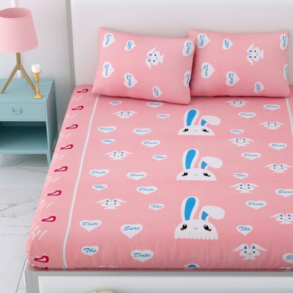 Light Pink Rabbit Printed Double Bedsheets