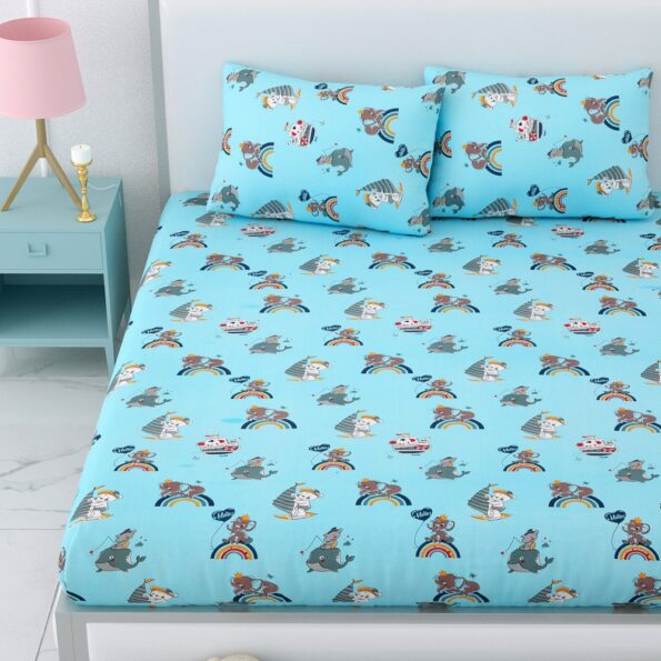 Sky Color Dolphin Printed Double Bedsheet