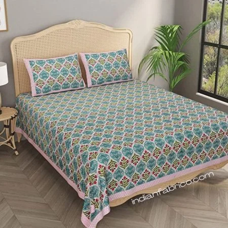 Beautiful Sea Green Floral Jaal Print King Size Bedsheet (108x108)