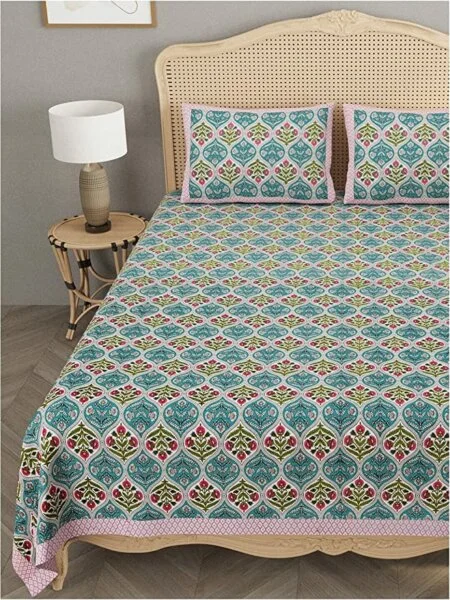 Beautiful Sea Green Floral Jaal Print King Size Bedsheet Closeup