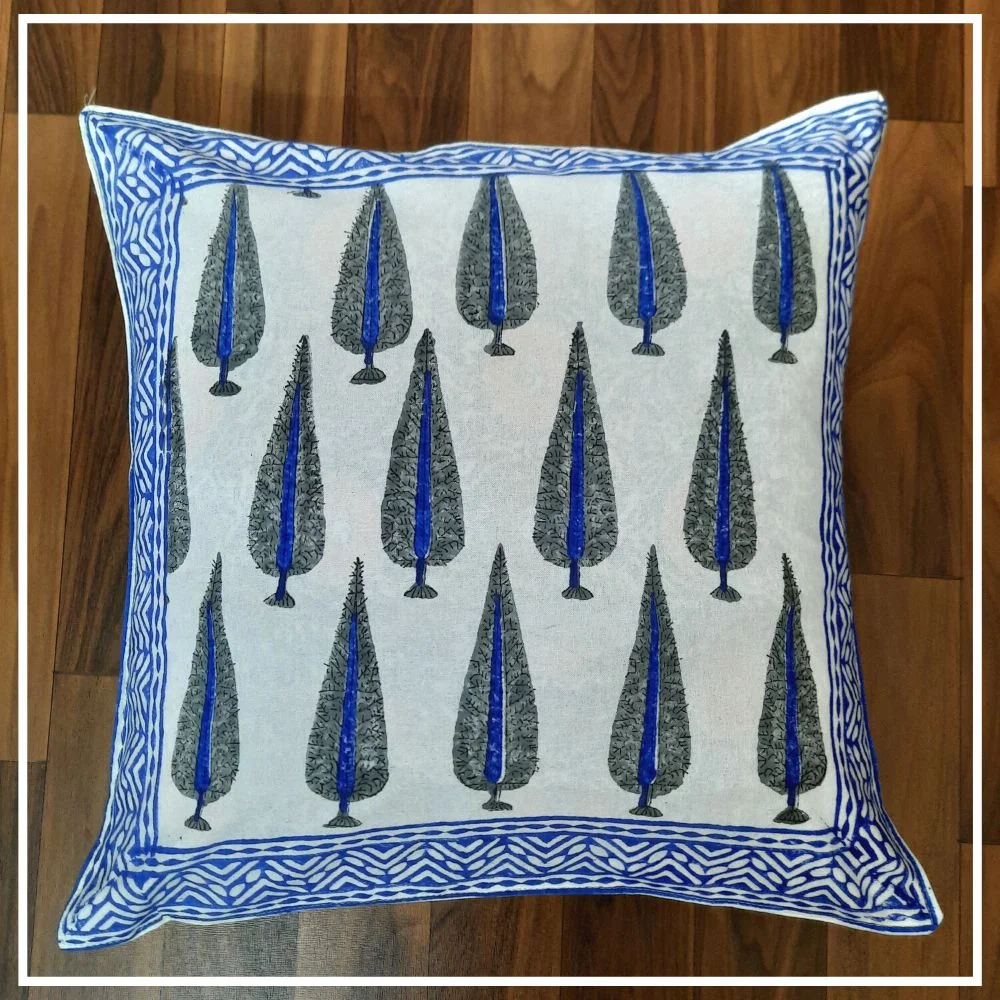 Blue Boota Print Pure Cotton Cushion Cover (16x16Inch)