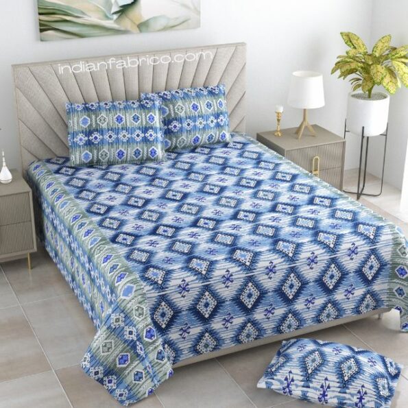 Blue Ikat Weave Print Pure Cotton King Size Bed Sheet