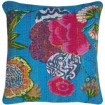 Cotton Cushion Cover Teal Floral Kantha Work (16x16Inch)