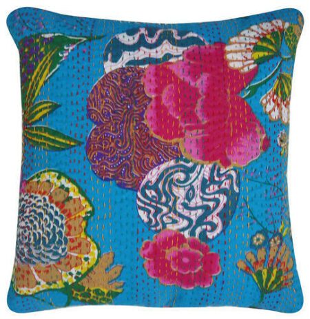 Cotton Cushion Cover Teal Floral Kantha Work (16x16Inch)