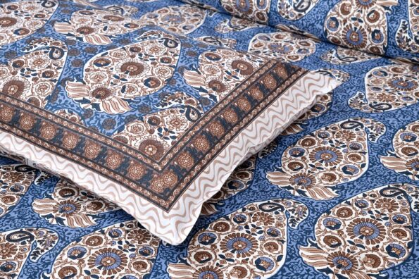 Ethnic Blue Seashell Pure cotton Double Bedsheet Closeup