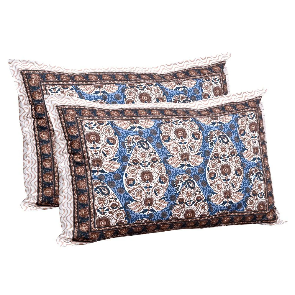 Ethnic Blue Seashell Pure cotton Double Bedsheet Two Pillow Covers