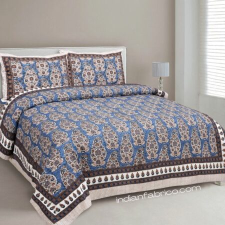 Ethnic Blue Seashell Pure cotton Double Bedsheet with Two Pillow Covers
