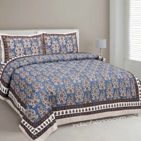 Ethnic Blue Seashell Pure cotton Double Bedsheet with Two Pillow Covers