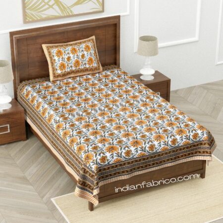 Ethnic Jaipuri Mustard Floral Print Single Bed Sheet