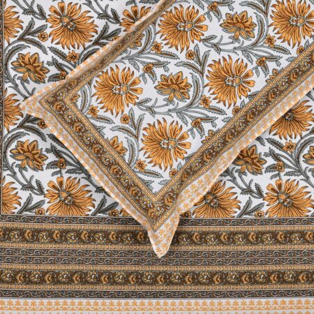 Ethnic Jaipuri Mustard Floral Print Single Bed Sheet Topview
